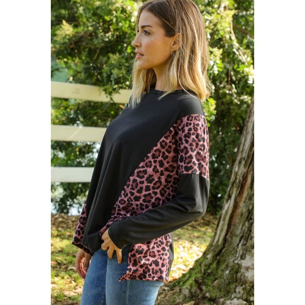 Leopard Print Color Block Dolman Loose Fit Top - Picture 2 of 10